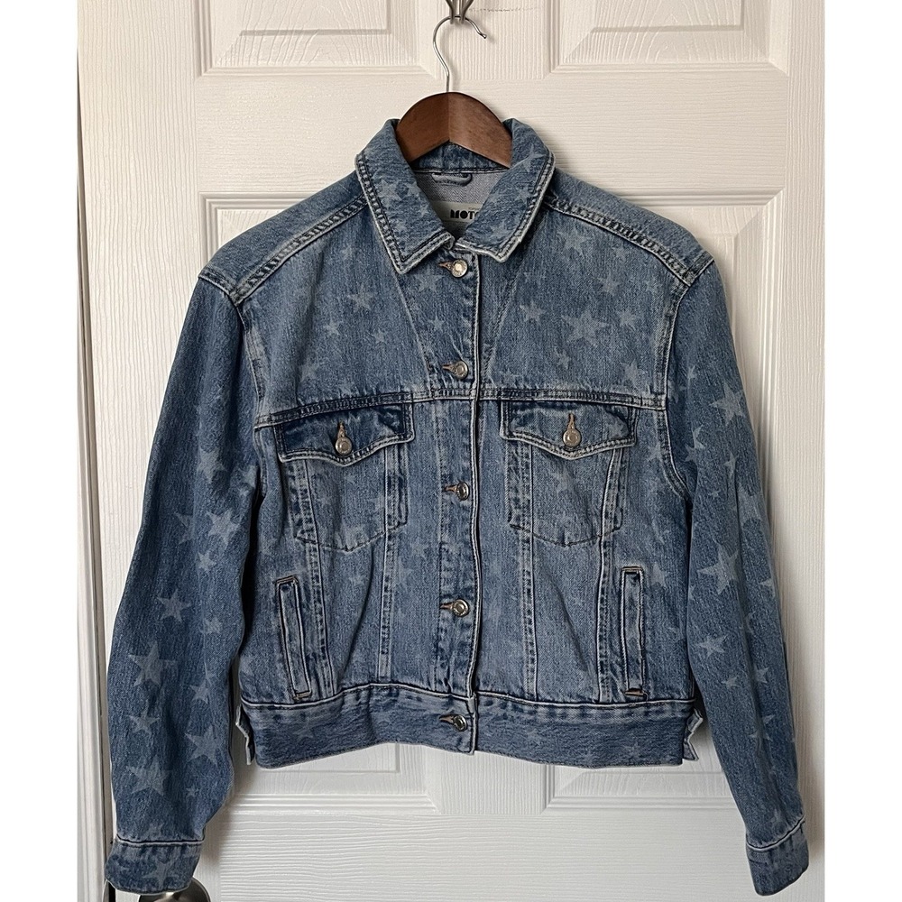 Topshop Moto Women's Denim Jacket Medium Wash Laser Star Print Overall Size 4